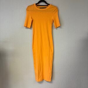 Enza Costa Crew Neck Short Sleeve Fitted Midi Dress Yellow Size Small